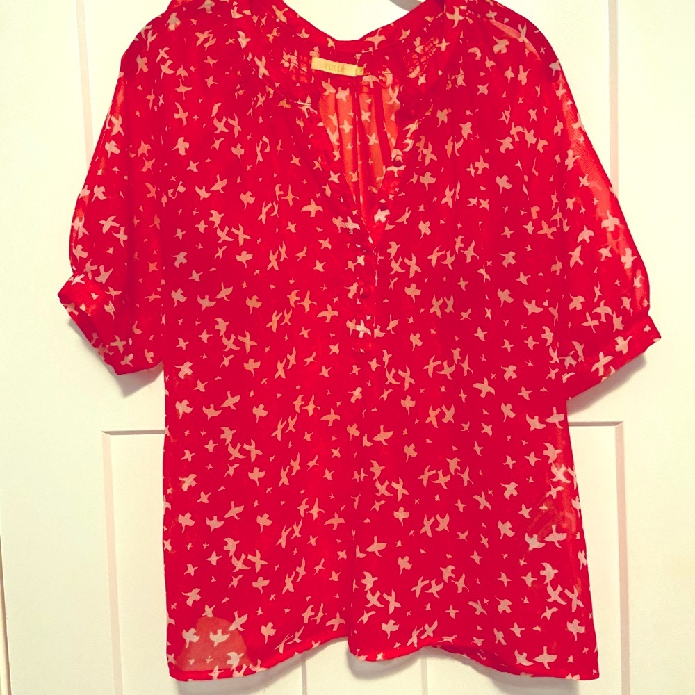 Tulle 3/4 sleeve coral and white blouse